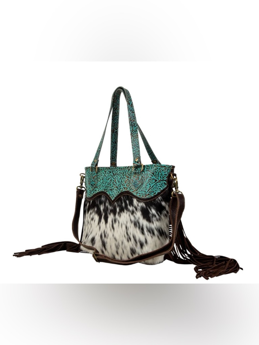 Myra Bag Turquoise Tooled Leather & Black White Hair-on Hide Fringe Shoulder Bag